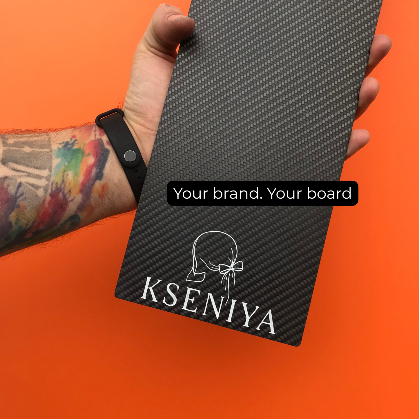 Professional carbon foil board featuring custom branding for hair stylist