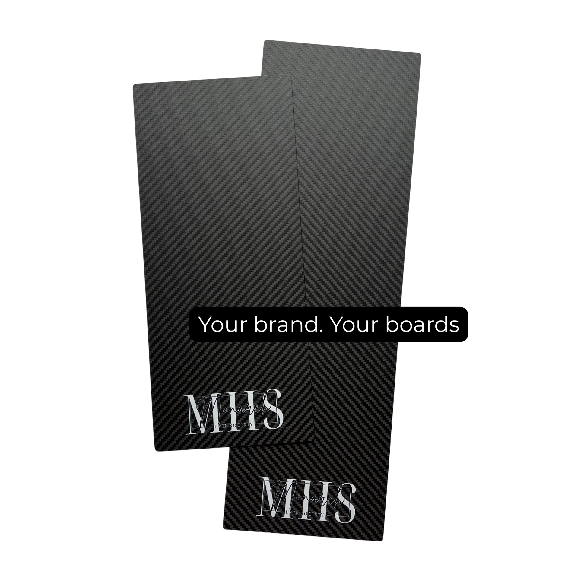 Custom logo carbon foil board personalized for professional hair stylist branding
